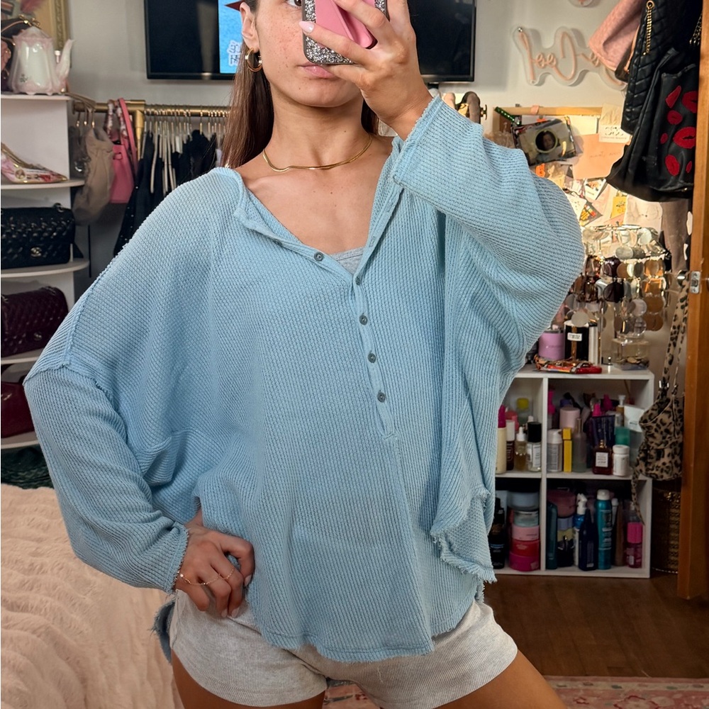 Light Blue Waffle Knit Out Fron Under Button-Up Top